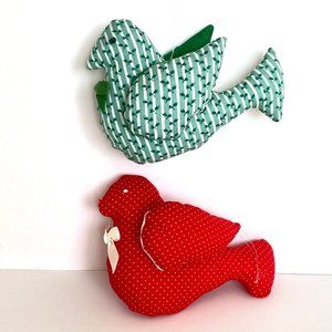 Countrycore Ornaments Handmade Fabric Stuffed Dove Bird Set of 2 Green Red White